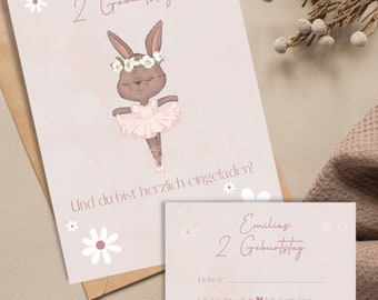Invitation cards for girls' children's birthdays, personalized, pink bunny, daisies, digital and printed | With envelopes