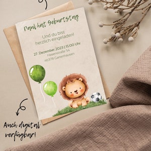 Löwe Einladungskarten Jungs Kindergeburtstag Personalisiert Grün Beige Safari digital und ausgedruckt