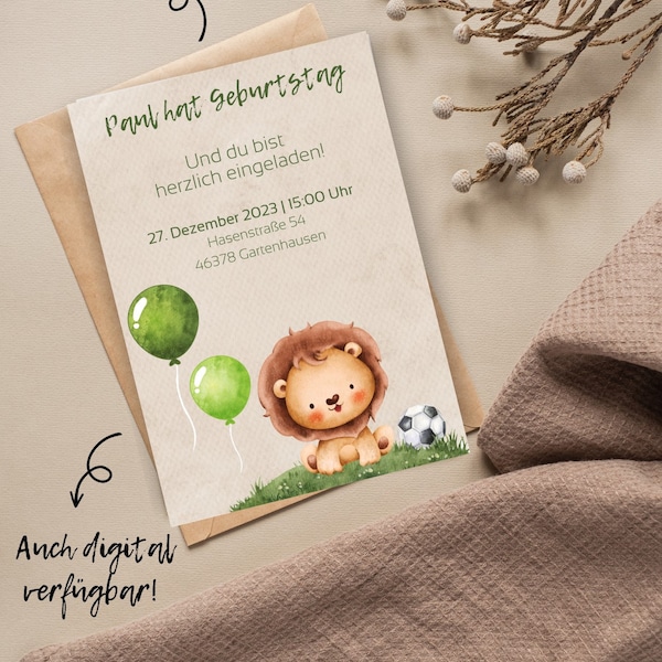 Löwe Einladungskarten Jungs Kindergeburtstag Personalisiert Grün Beige Safari digital und ausgedruckt