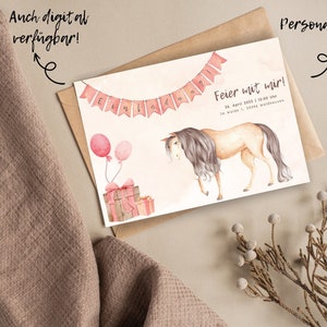Invitation card girl horse watercolor children's birthday party Personalized Pink Wild One digitally and printed