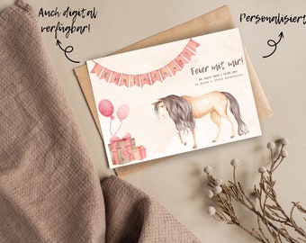 Einladungskarte Mädchen Pferd Aquarell Kindergeburtstag Personalisiert Rosa Wild One digital und ausgedruckt