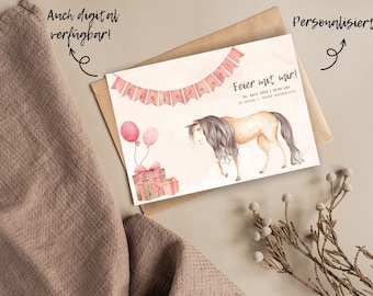 Invitation card girl horse watercolor children's birthday party Personalized Pink Wild One digitally and printed
