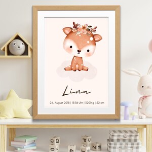 Personalisiertes Geburtsposter Namensposter Reh Braun Floral Aquarell Baby Poster Geburtsdaten Babyzimmer Kinderzimmer Geburtsgeschenk