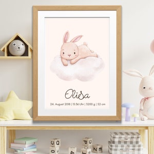 Personalisiertes Geburtsposter Namensposter Hässchen Rosa Aquarell Baby Poster Geburtsdaten Babyzimmer Kinderzimmer Geburtsgeschenk