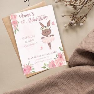 Einladungskarten Mädchen Kindergeburtstag Personalisiert Rosa Hase Blumen digital und ausgedruckt
