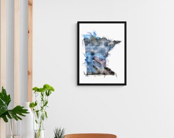 Minnesota-Shaped Watercolor Rendering: Blue Hour Canoe - 18x24 Photo Print with Frame