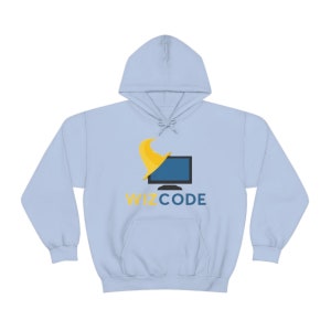 May include: A light blue hooded sweatshirt with a yellow and blue logo of a computer monitor with a yellow wizard hat on top. The text "WIZCODE" is below the logo.