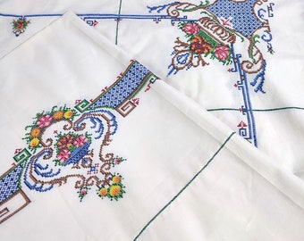 ヴィンテージ風の鳥と花の刺繍入りテーブルクロス、刺繍入りテーブル
