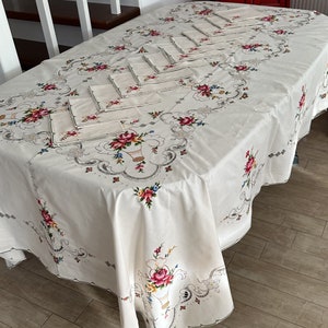 Unused Vintage Tablecloth, Hand Emdroidered, Cross-Stitch, Red Roses, 12 Napkins, Large Tablecloth, Gift For Her