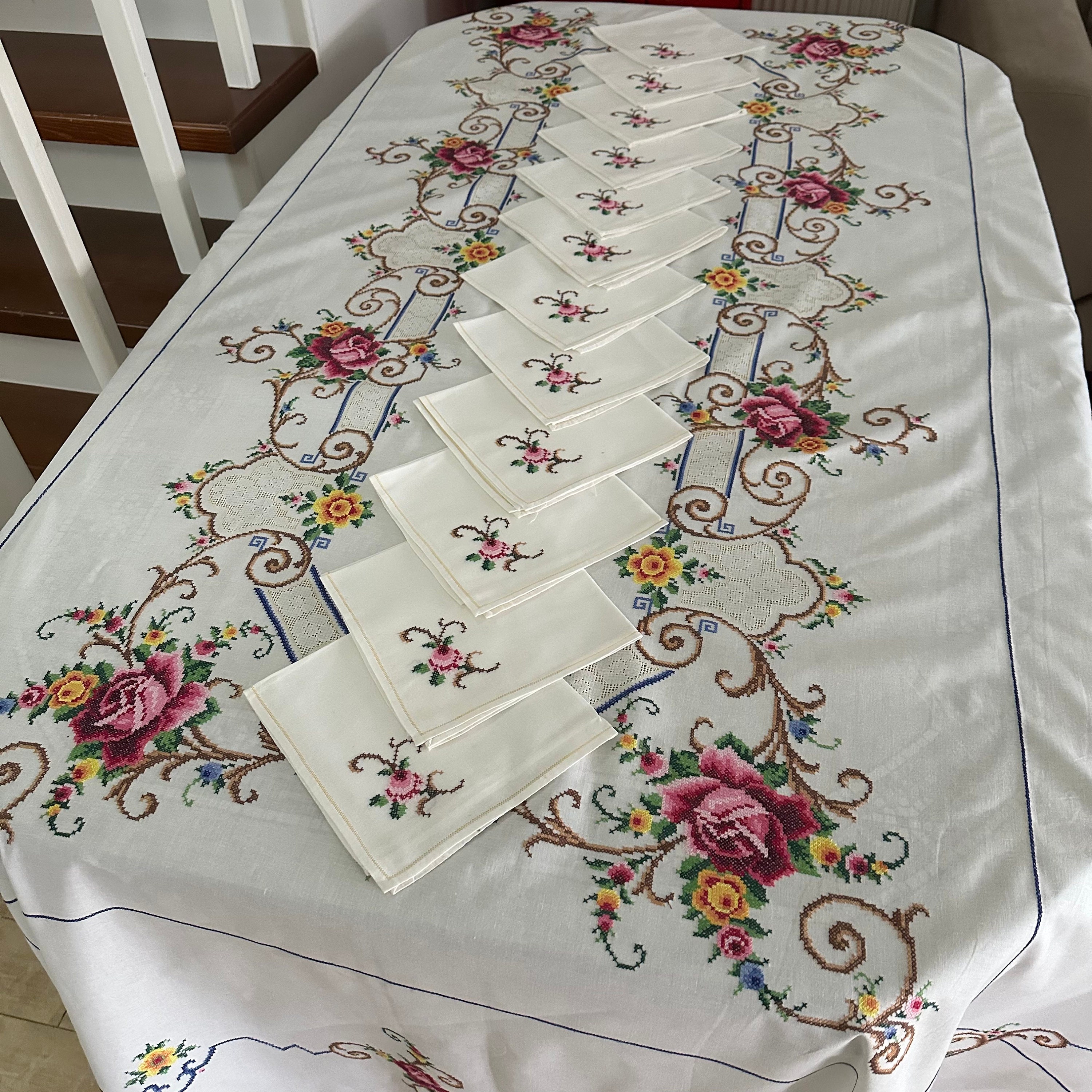 Unused Large Vintage Tablecloth, Cross Stitched, Hand Embroidered, Roses Embroidery, Gift for