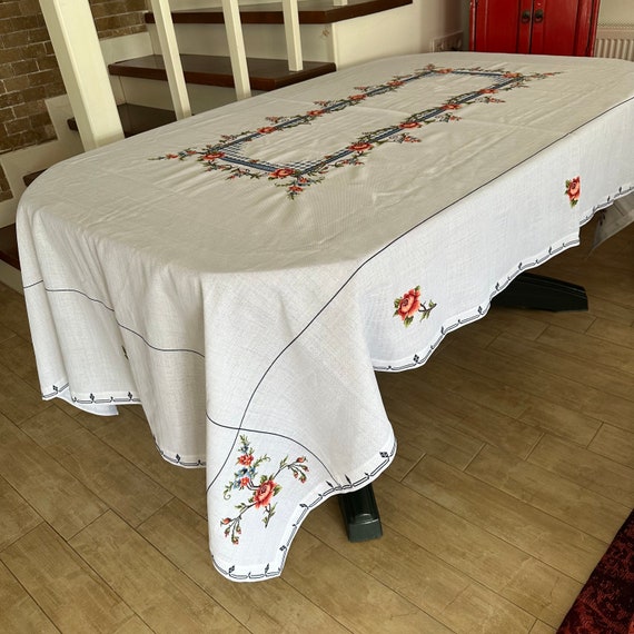 Vintage Unused Tablecloth, Rectangle Linen, Hand Stitched, Cross