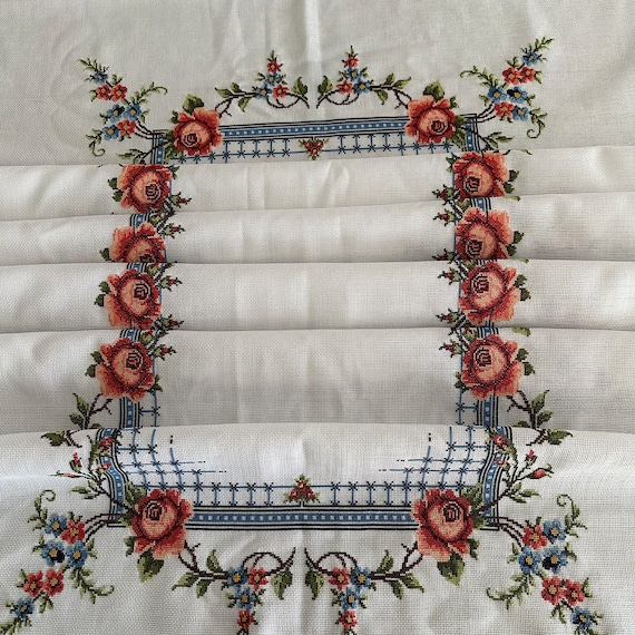 Vintage Unused Tablecloth, Rectangle Linen, Hand Stitched, Cross