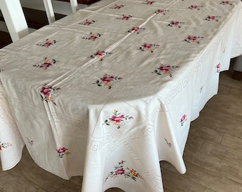 Unused Large Vintage Tablecloth, Cross Stitched, Roses Embroidery, Large Tablecloth, 12 Napkins, Gift for Her