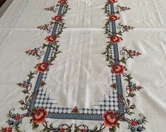 Vintage Unused Tablecloth, Rectangle Linen, Hand Stitched, Cross Stitch, Hand Embroidery, Red Roses Stitched, Gift For Her