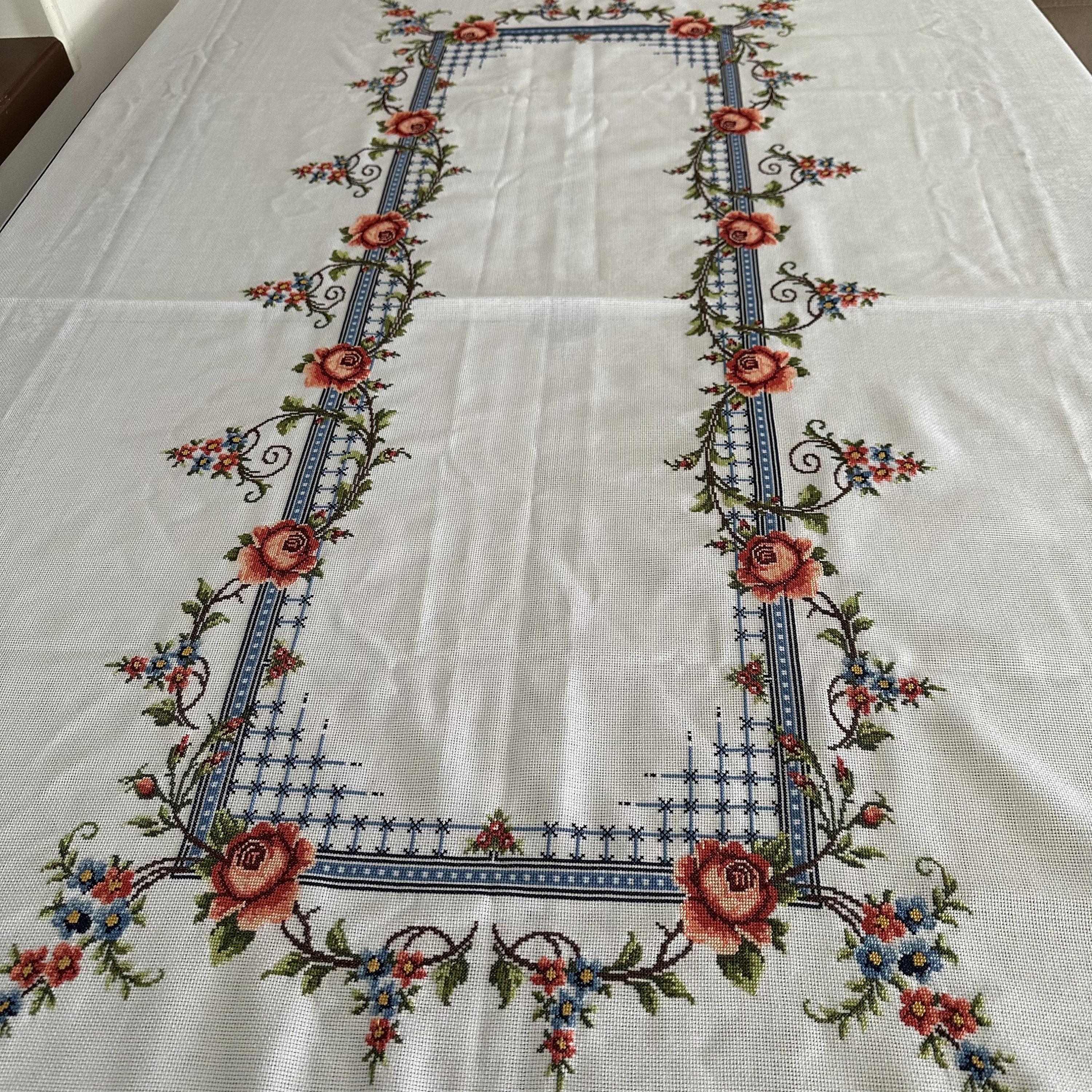 Vintage Unused Tablecloth, Rectangle Linen, Hand Stitched, Cross