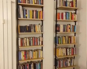 Iron bookcase with wooden shelves.