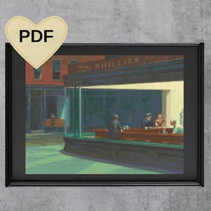 Nighthawks by Edward Hopper Cross Stitch Pattern, Artistic cross stitch, famous painting cross stitch, Wall Art embroidery, Instant download