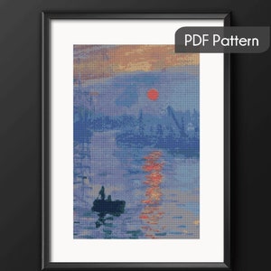 Impression sunrise by Claude Monet cross stitch pattern, Monet wall art, coastal seascape, exhibition art, farmhouse decor, instant download