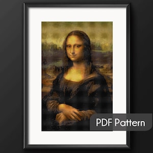 Puede incluir: Impresión enmarcada de la Mona Lisa, un famoso retrato renacentista. La obra presenta a una mujer con una sonrisa sutil, vestida con ropa oscura, sobre un paisaje. El marco es negro y la impresión está etiquetada como "PDF Pattern".