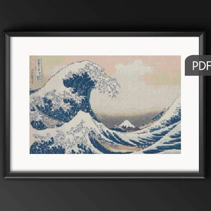 May include: A framed cross-stitch pattern of a famous Japanese wave painting. The wave is blue and white with a mountain in the background. The text "PDF Pattern" is in the upper right corner of the image.