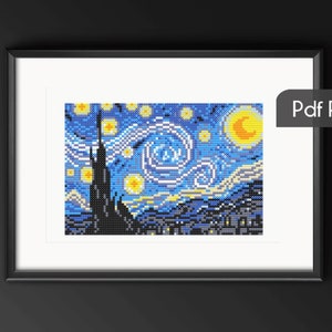 Mini Starry Night cross stitch pattern, Van Gogh cross stitch art, easy counted cross stitch pattern, Famous Painting Embroidery Artwork
