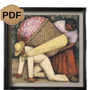 May include: A framed cross-stitch artwork depicting two figures, one carrying a large basket of pink flowers on their back, while the other assists them. The artwork is set against a green background with foliage.