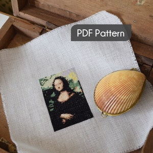 モナリザの刺繍パターン、モダンラインアート、PDFテンプレート