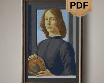 Botticelli Porträt Kreuzstich-Muster Junger Mann mit Rondell (PDF-Muster)