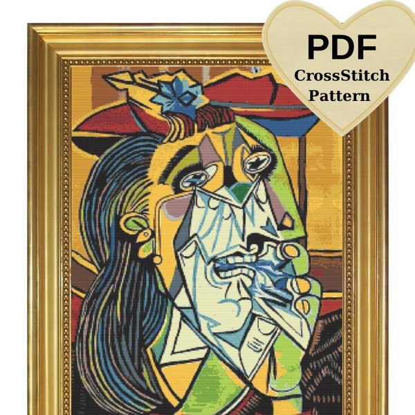 The Weeping Woman by Pablo Picasso CROSS STITCH PATTERN, Modern cross stitch pattern Pdf, Instant download , masterpiece,fine art embroidery