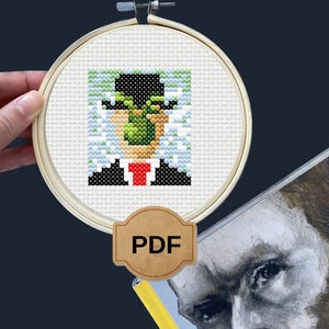 Mini, The son of man, rene Magritte, cross stitch patterns, mini cross stitch, gift art, mini masterpiece, instant pdf download, apple man