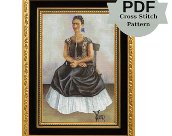Frida Kahlo Cross Stitch Pattern: Woman & Dog, Mexican Art (PDF Download)