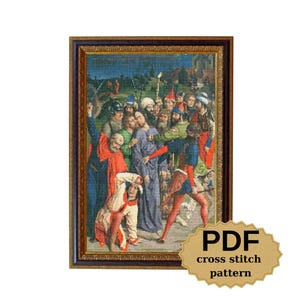 Könnte beinhalten: Ein gerahmtes Kreuzstichmuster mit einer historischen religiösen Szene mit Figuren in farbenfroher Kleidung. Das Kunstwerk zeigt einen dramatischen Moment mit mehreren Charakteren, vor einem detaillierten Hintergrund. Der Rahmen ist dunkelbraun. Das Muster ist mit "PDF cross stitch pattern" beschriftet.