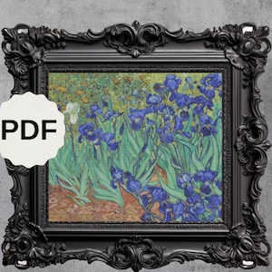 May include: A framed painting of a field of blue irises with green leaves. The painting is in a black ornate frame.