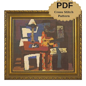 May include: A framed cross-stitch pattern featuring an abstract design in shades of blue, red, white, and brown. The artwork is in a gold-colored frame. The image includes the text "PDF Cross Stitch Pattern" in a decorative banner.