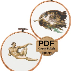 May include: Two cross stitch patterns in embroidery hoops, one of the Creation of Adam and the other of the Creation of Eve. The patterns are in color and are ready to be stitched.