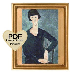 May include: A cross stitch pattern PDF featuring a portrait of a woman with short dark hair wearing a dark blue dress. The background is a light blue with a hint of green.