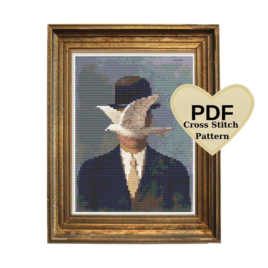 ルネ・マグリットのクロスステッチパターン：山高帽の男（PDFパターン