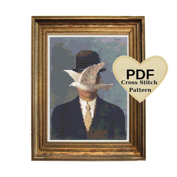 ルネ・マグリットのクロスステッチパターン：山高帽の男（PDFパターン