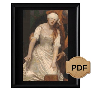 Puede incluir: Un punto de cruz enmarcado de una pintura clásica que representa a una mujer con un vestido blanco y una venda en los ojos, asistida por un hombre. La obra de arte está enmarcada en un marco negro. Un logotipo PDF está en la esquina inferior derecha.