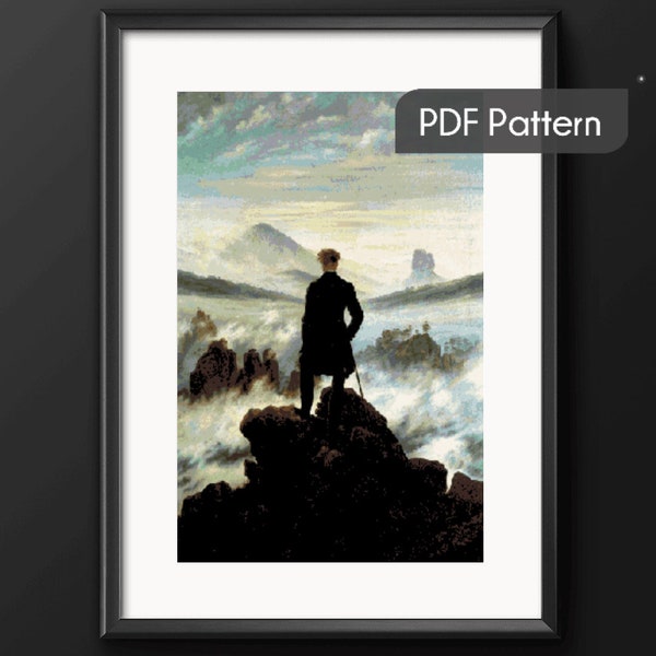 Wanderer above the sea of fog, cross stitch patter, Caspar David Friedrich pdf pattern, easy counted cross stitch, famous painting, wall art