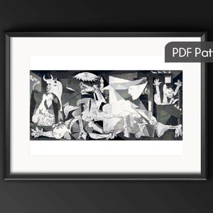 Puede incluir: Una impresión en blanco y negro de una pintura de Pablo Picasso, titulada "Guernica". La pintura representa una escena de guerra y violencia, con figuras de personas, animales y armas.