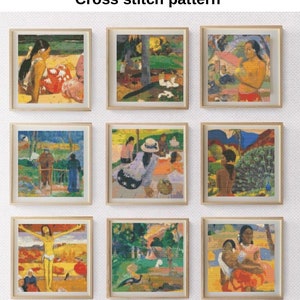 May include: Set of 9 tiny 'Paul Gauguin' Miniature Art Cross stitch patterns in PDF format. Each pattern is framed in a light wood frame and features a different painting by Paul Gauguin.