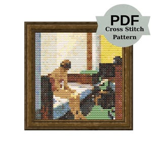 May include: A framed cross-stitch pattern featuring a person seated near a window. The artwork uses various colors, including brown, blue, and yellow, to depict the scene. The frame is a dark brown color. The image includes the text "PDF Cross Stitch Pattern".