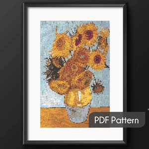 May include: A cross-stitch pattern featuring a vase of sunflowers. The sunflowers are yellow with brown centers and are arranged in a bouquet. The vase is white with a yellow base and is sitting on a wooden table. The background is a light blue.