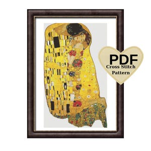 The Kiss Gustav Klimt Cross stitch pattern PDF, Instant download, easy counted pattern, popular wall art, love cross stitch artwork, gifts