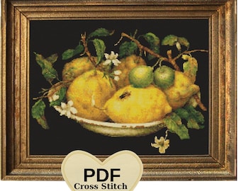Citrons Stillleben Kreuzstichmuster: Giovanna Garzoni Barocke Kunst (PDF Muster)