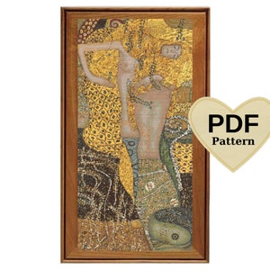 Peut inclure: Un modèle de point de croix représentant une peinture d'une femme en robe dorée avec un poisson à ses pieds. Le modèle est dans un cadre en bois et comprend le texte "PDF Pattern".