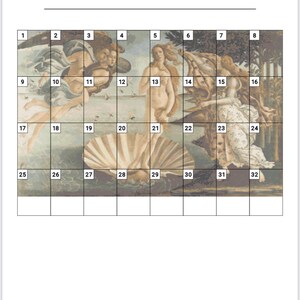 May include: A gridded map of the painting "The Birth of Venus" by Sandro Botticelli. The painting depicts the goddess Venus emerging from a giant scallop shell. The painting is divided into 32 squares.