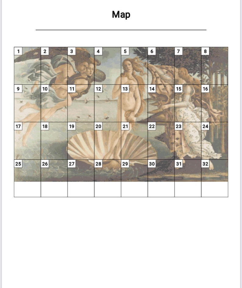 May include: A gridded map of the painting "The Birth of Venus" by Sandro Botticelli. The painting depicts the goddess Venus emerging from a giant scallop shell. The painting is divided into 32 squares.