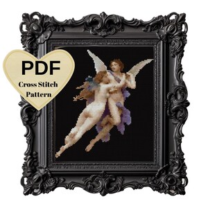 Puede incluir: Un patrón de punto de cruz con dos figuras aladas en un marco negro ornamentado. Las figuras son en tonos de blanco, morado y marrón. El texto "PDF Cross Stitch Pattern" está en una etiqueta en forma de corazón.